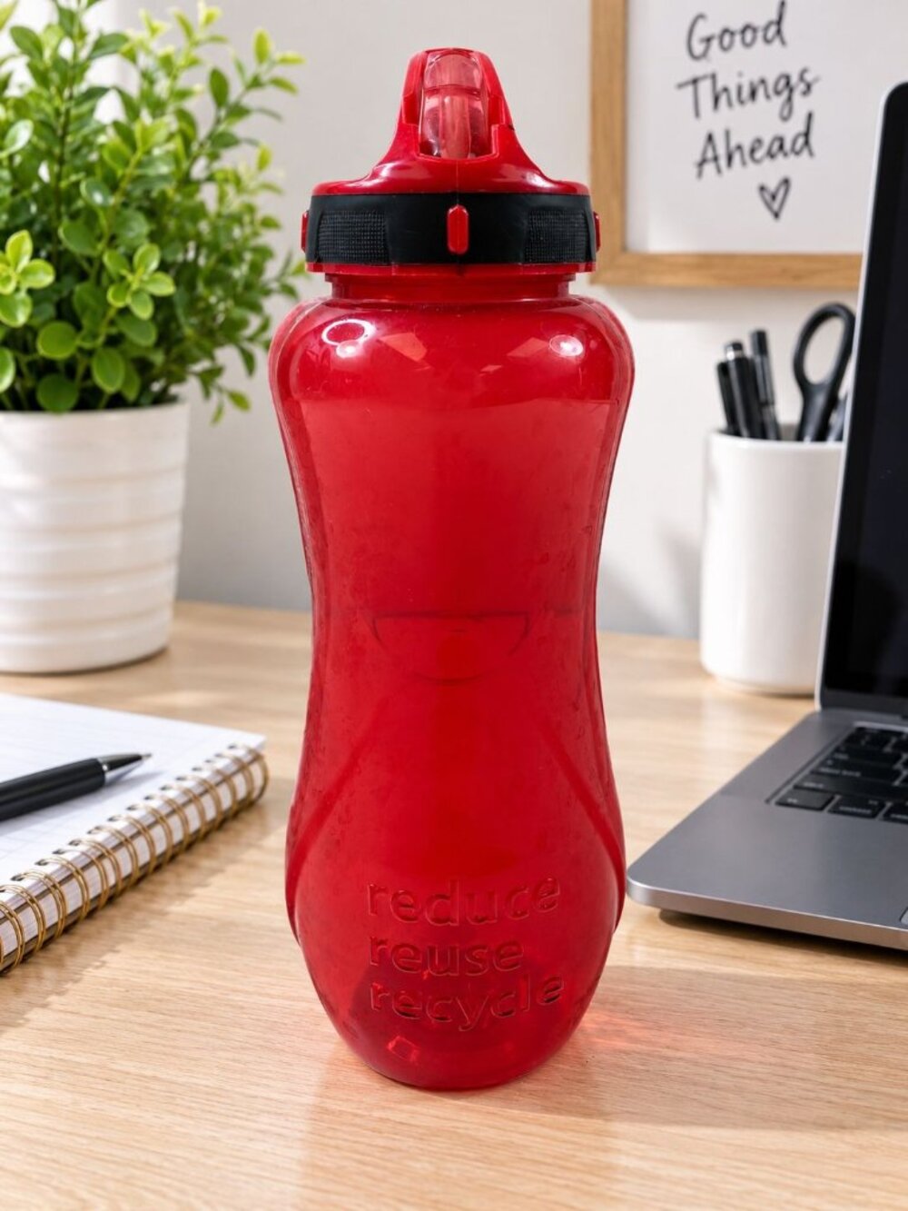 Red Reusable Plastic Water Bottle Easy-Open Spout Lid Handle